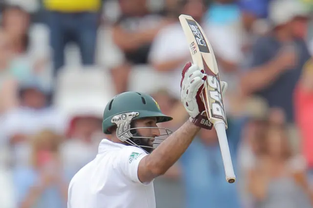 Hashim Amla celebrates his half century against the West Indies