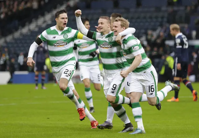 Celtic"s Gary Mackay-Steven celebrates scoring their first goal with Leigh Griffiths and Mikael Lustig