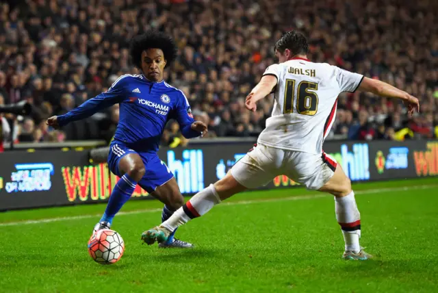 Willian of Chelsea takes on Joe Walsh of MK Dons