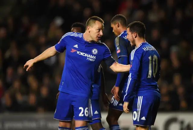 Eden Hazard of Chelsea celebrates scoring his penalty with John Terry during the Emirates FA Cup Fourth Round match between Milton Keynes Dons and Chelsea