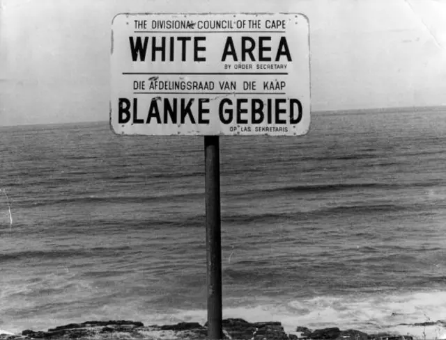 An apartheid notice on a beach near Capetown, denoting the area for whites only.