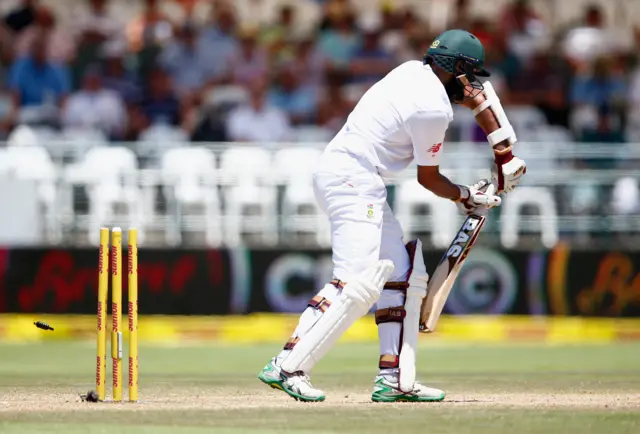 Hashim Amla is bowled by Stuart Broad