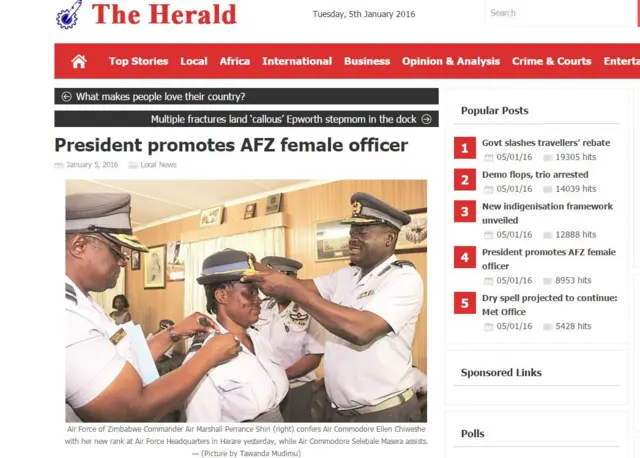 Air Force of Zimbabwe Commander Air Marshall Perrance Shiri (right) confers Air Commodore Ellen Chiweshe with her new rank at Air Force Headquarters in Harare