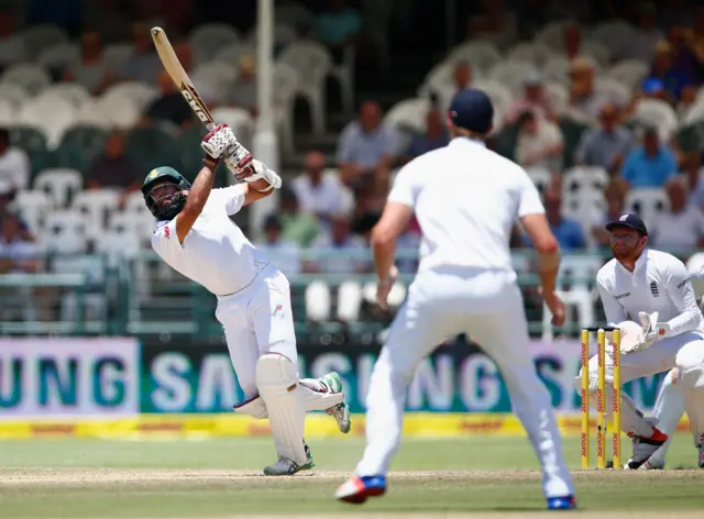 Hashim Amla hits the ball high but isn't caught