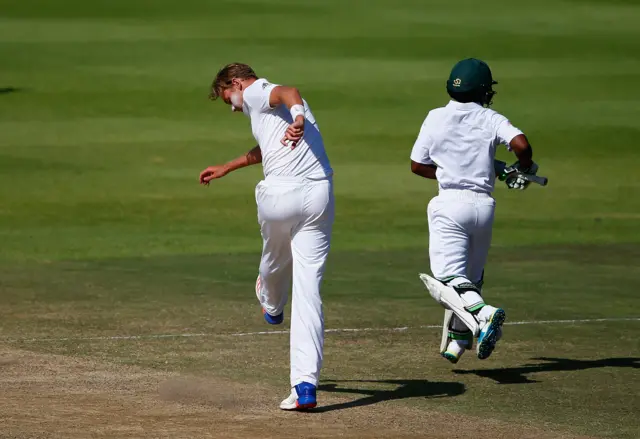 Stuart Broad kicks the pitch in frustration