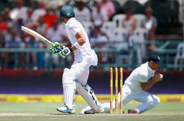 Faf Du Plessis is caught by Ben Stokes