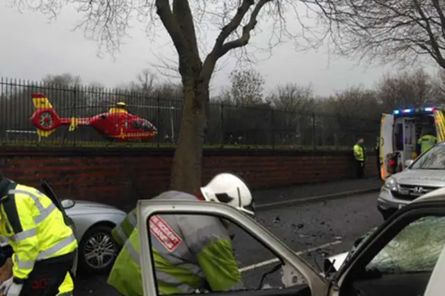 Emergency services at the scene of the crash, picture: Brierley Hill Fire Station