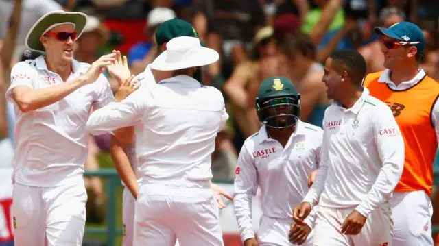 South Africa's players celebrate another wicket