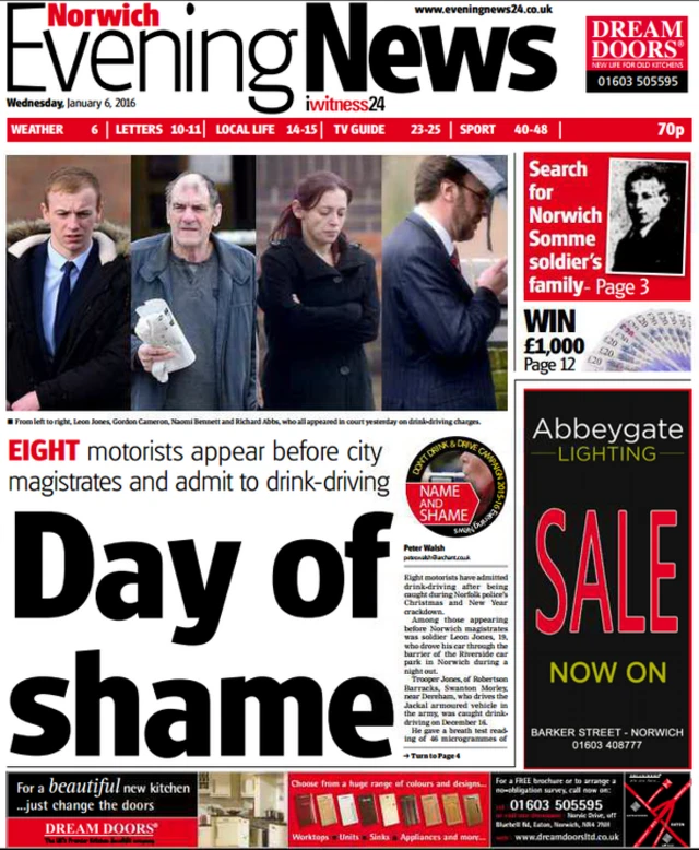 Front page of Norwich Evening News