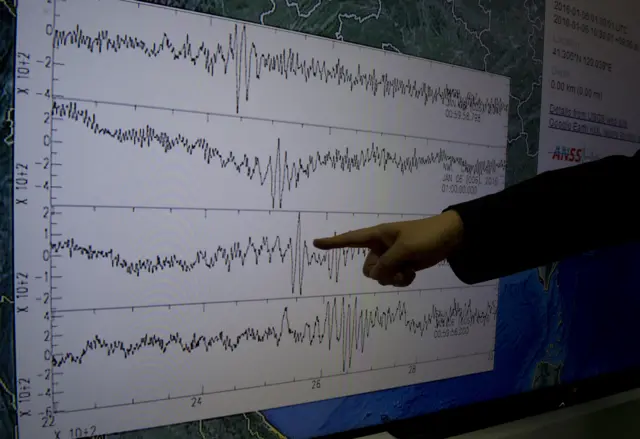 Kuo Kai-wen, director of Taiwan's Seismology Center, points at the curves chart received from Taiwan showing North Korea's first hydrogen bomb test, in Taipei on 6 January 2016