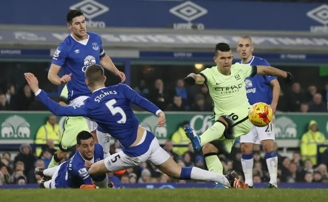 Sergio Aguero misses a shot towards goal