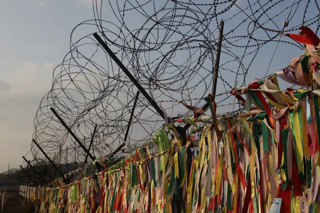 Barbed wire fence and peace ribbons at Paju, South Korea