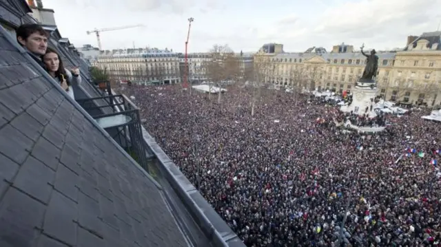 Millions of people gathered in Paris to take part in a rally in after 17 people were killed during three days of terror in the French capital