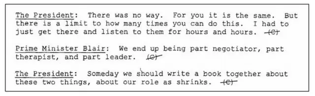 Tony Blair tells Bill Clinton they are "part therapist, and part leader" for other global politicians.