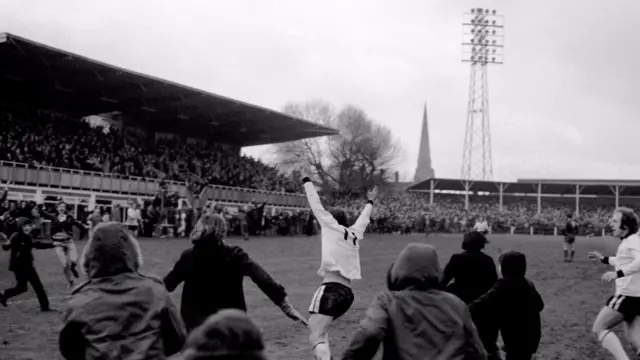 Ronnie Radford celebrates scoring for Hereford against Newcastle