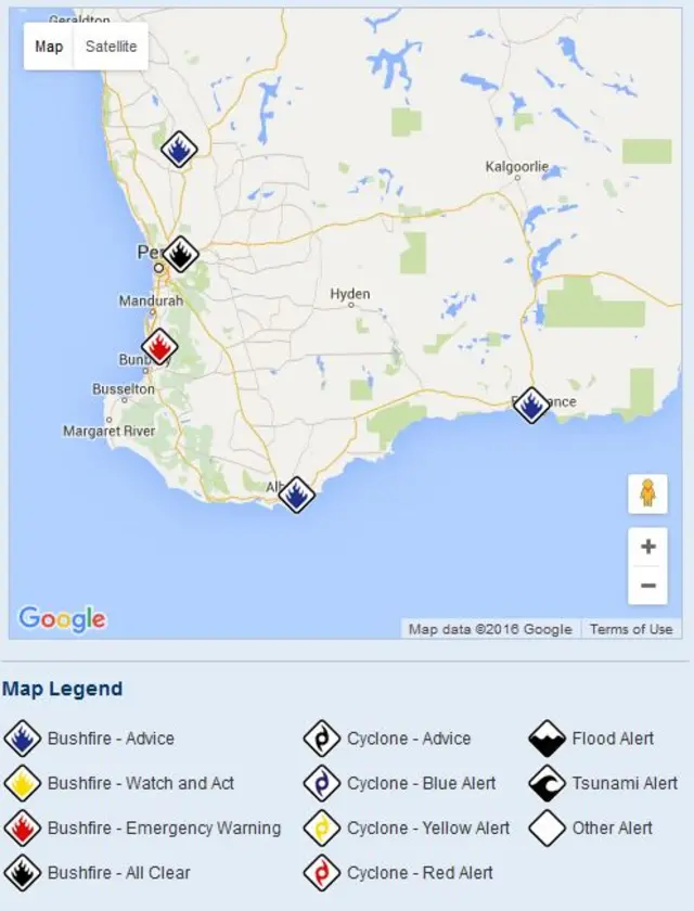 Screenshot of DFES map of Western Australia fires on 8 January 2016