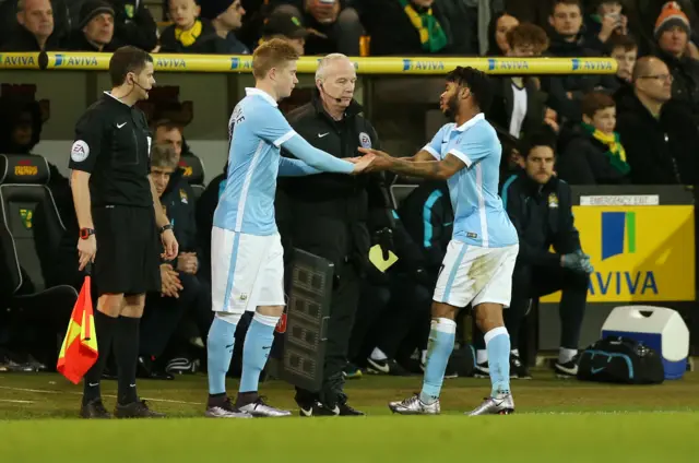 Raheem Sterling is substituted by Kevin De Bruyne