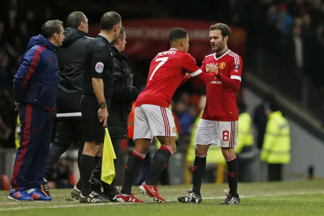 Juan Mata is substituted for Memphis Depay