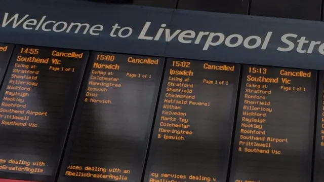 Train services display at Liverpool Street Railway Station, London