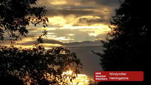 Sunset through dark clouds, silhouetted against trees