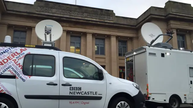 BBC Newcastle vehicle parked outside Hancock Museum