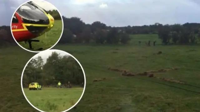 The marked out hay bales and, inset, the air ambulance and paramedics