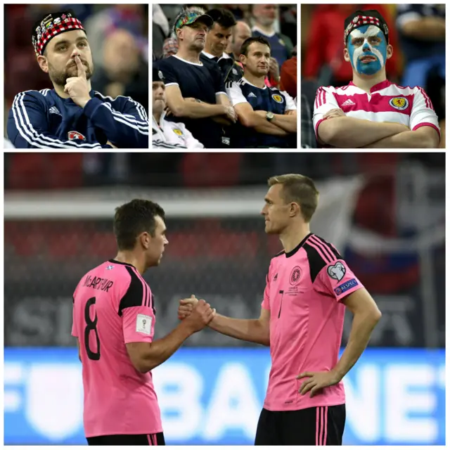 Clockwise from top left: Scotland supporters reflect on the defeat by Slovakia while Scotland skipper Darren Fletcher shakes hands with team-mate James McArthur