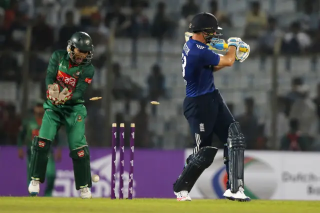 Jos Buttler loses his wicket after playing on