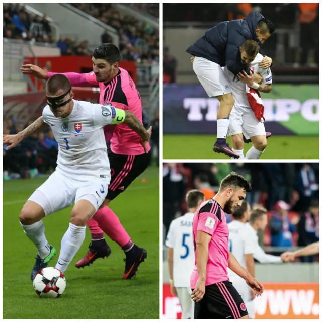 Clockwise from left: Martin Skrtel against Scotland; Marek Hamsik and his team-mate celebrate and Robert Snodgress reflects on Scotland's defeat