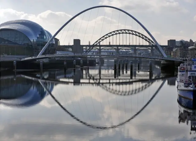 The Gateshead Millenium Bridge and the Tyne Bridge