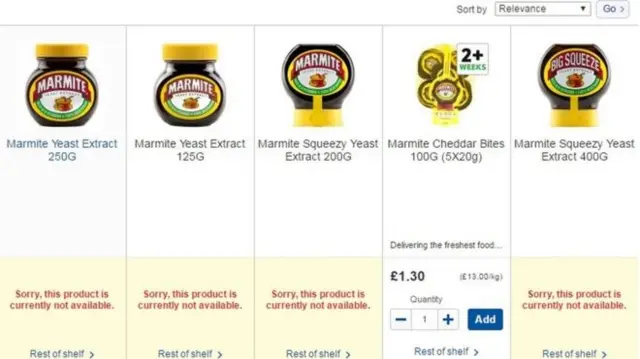 Marmite jars at Tesco Online showing that they're out of stock