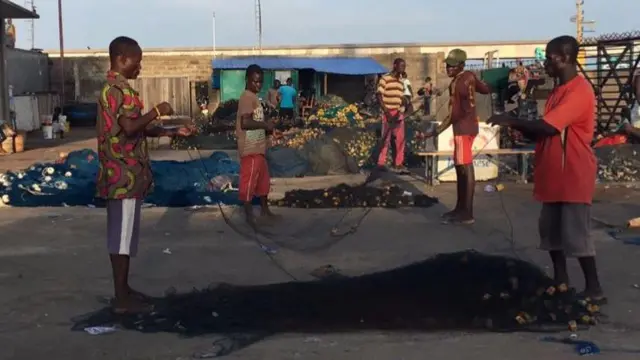 Togolese fishermen tending nets