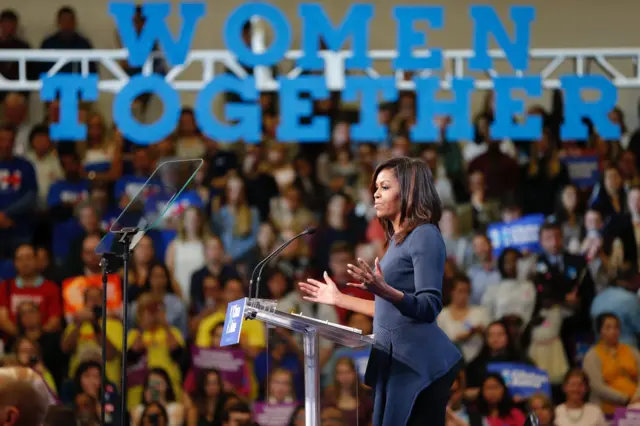 Michelle Obama addresses a crowd during a campaign stop in New Hampshire - 13 October 2016