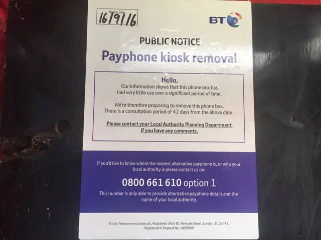 Payphone kiosk removal notice