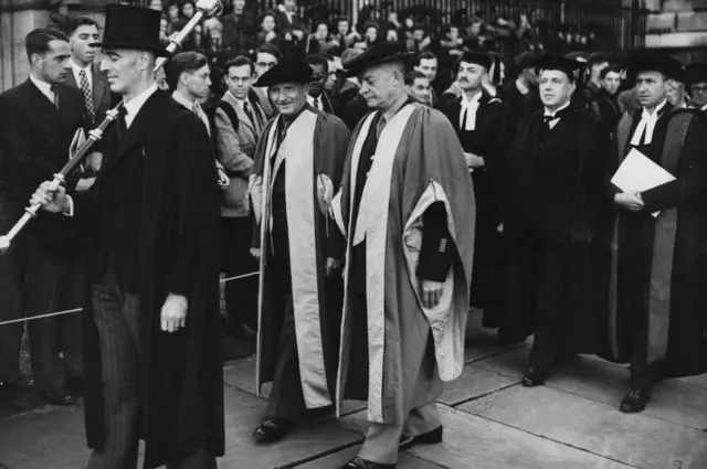 Field Marshal Viscount Montgomery (left) and General Dwight Eisenhower receiving honorary degrees of Doctor of Law at Cambridge University