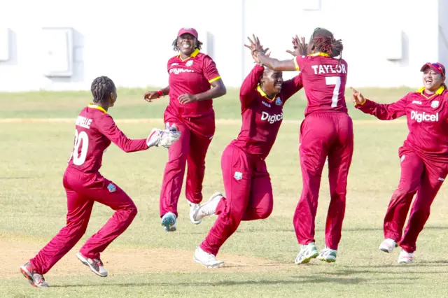 West Indies celebrate winning the second one-day international against England