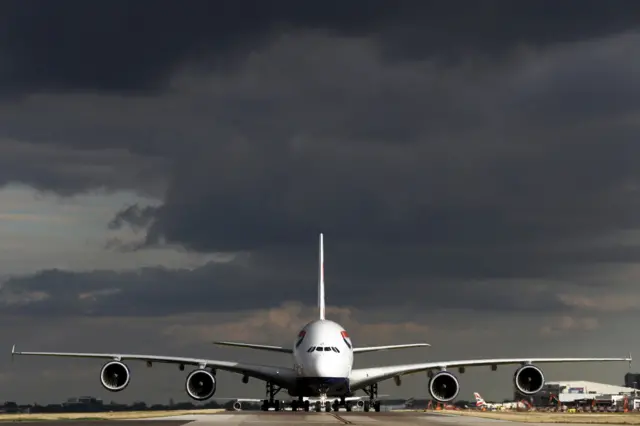 A British Airways plane under cloudy skies