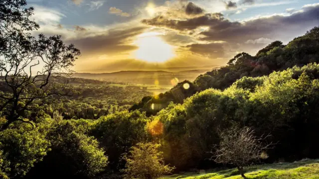 Sunlight shining through the clouds over the Malvern Hills last night