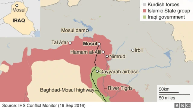 A map showing areas of control of the Kurdish, Islamic State, and Iraqqi government forces