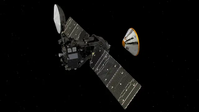 Artist's impression visualising the separation of the ExoMars entry, descent and landing demonstrator module, Schiaparelli, from the Trace Gas Orbiter (TGO).