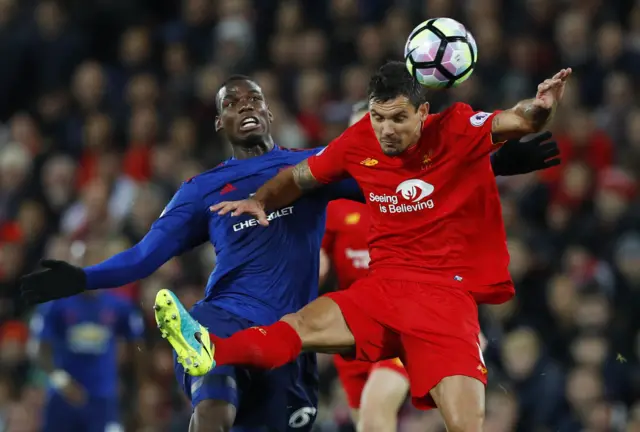 Dejan Lovren challenges Paul Pogba