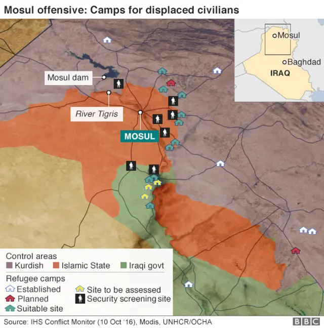 A map showing UN and OCHA camps to deal with the humanitarian crisis. They fall along the border of IS and Kurdish or Iraqi government control.