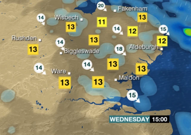 Weather graphic for 15:00 Wednesday, showing scattered showers