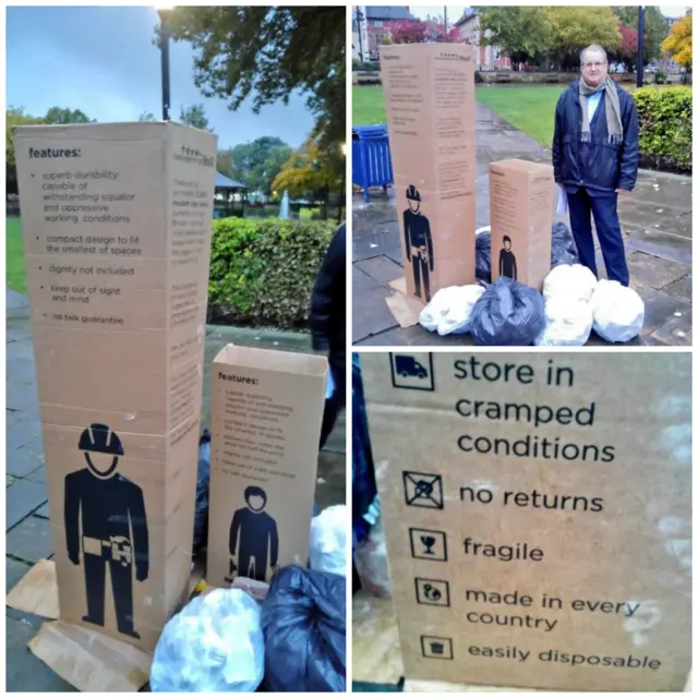 Cardboard boxes with words relating to slavery on them in Queen's Gardens in Hull