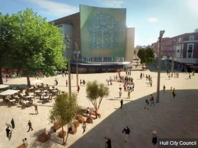 Artists impression of a pedestrianised area outside the former British Home Strores shop in Hull