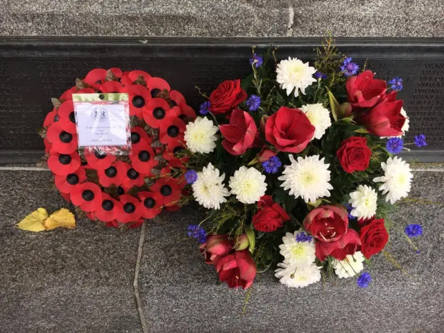 The wreath at the base of the War Memorial.