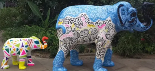 Two fibreglass elephants