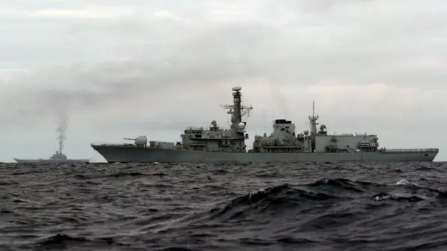 The Russian naval flotilla as seen from HMS Richmond in the Norwegian Sea