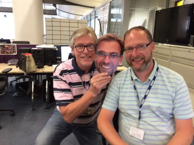 BBC WM's Paul Franks, a Jurgen Klopp mask and BBC WM's Rob Gurney