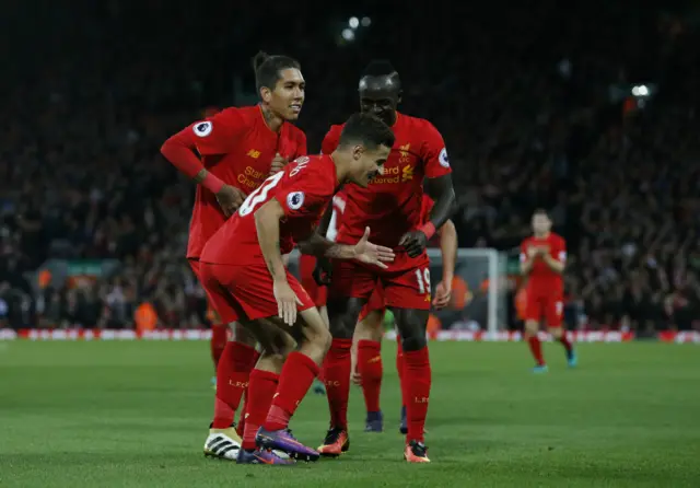 Liverpool players celebrate Coutinho's goal